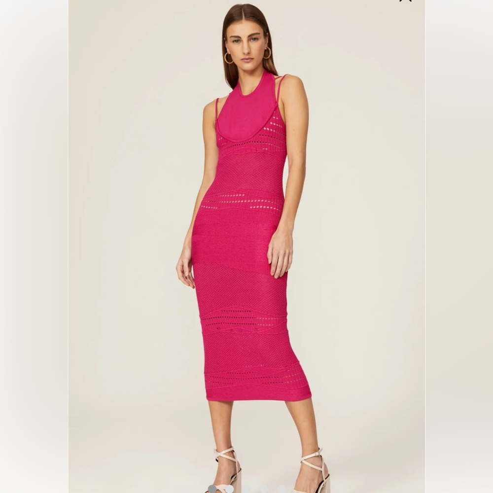 Esteban Cortazar Collective Stretchy Midi Dress Hot Pink Crochet Wedding Guest L